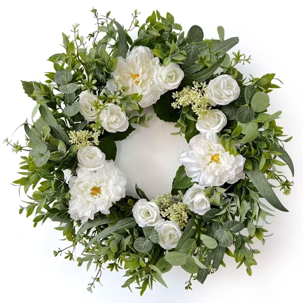 Betylifoy 24" White Dahlia Rose Floral Wreath